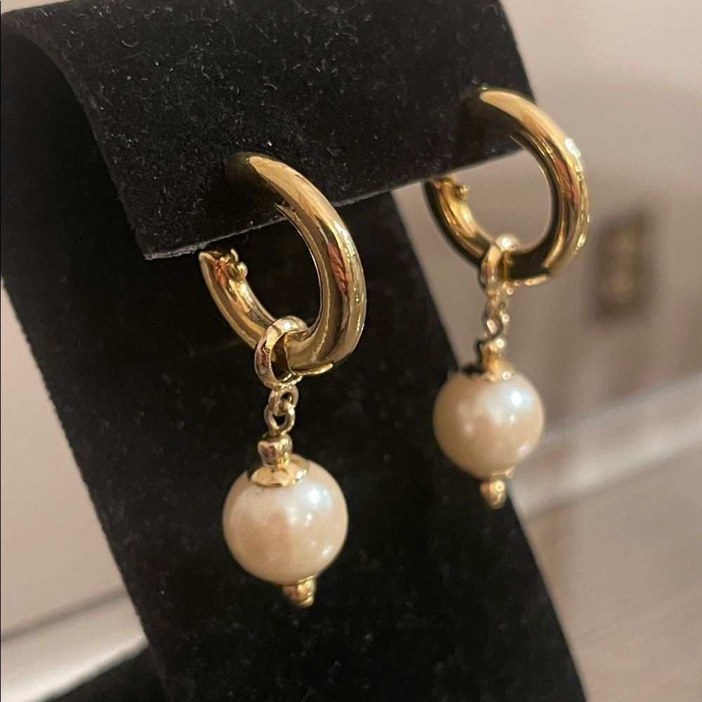 Vintage Gold-tone Hoops with Faux Pearl Charms- Drops - Picture 4 of 16